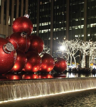 photo of nyc holiday decorations at night